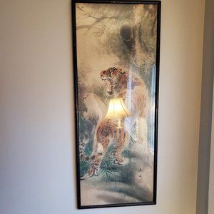 Vintage Asian Painting of Tiger on Silk 18 Inches Wide by 45.5 Tall From Japan c
